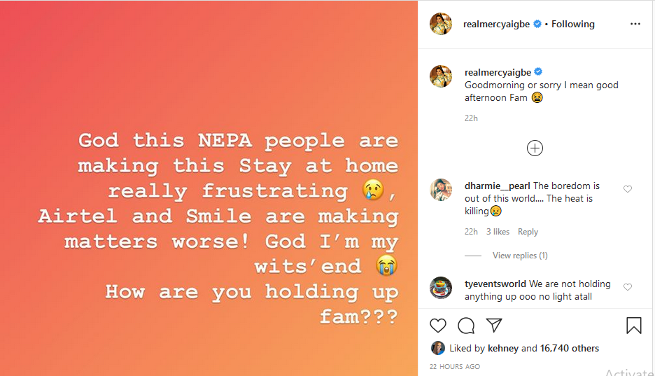 Lockdown: Mercy Aigbe laments over power outage