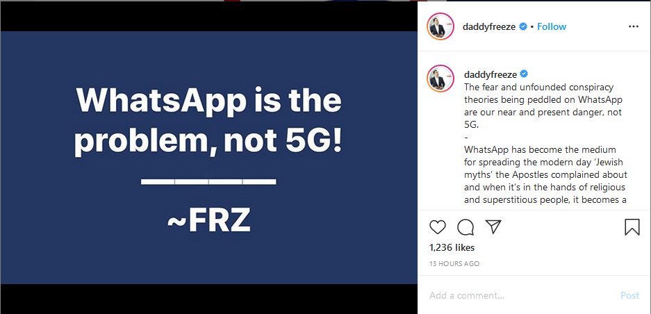 "Whatsapp is the problem, not 5G”, Daddy Freeze writes