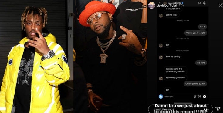Davido Reveals He Was Working On A Song With Juice Wrld Before His Demise