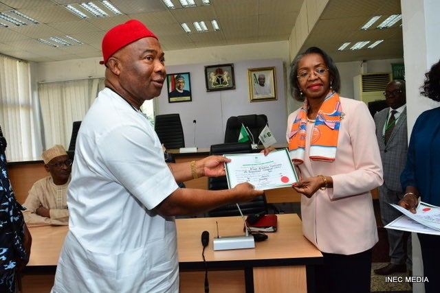 INEC Issues Hope Uzodinma Certificate Of Return (Photo)