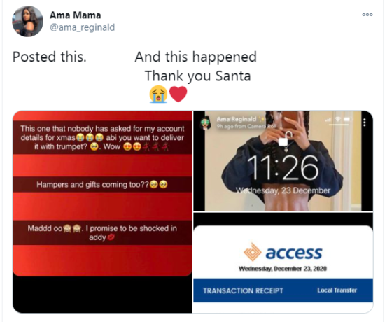 Nigerian lady ‘gifted’ N2m after talking about no one asking for her account details for Christmas on Snapchat