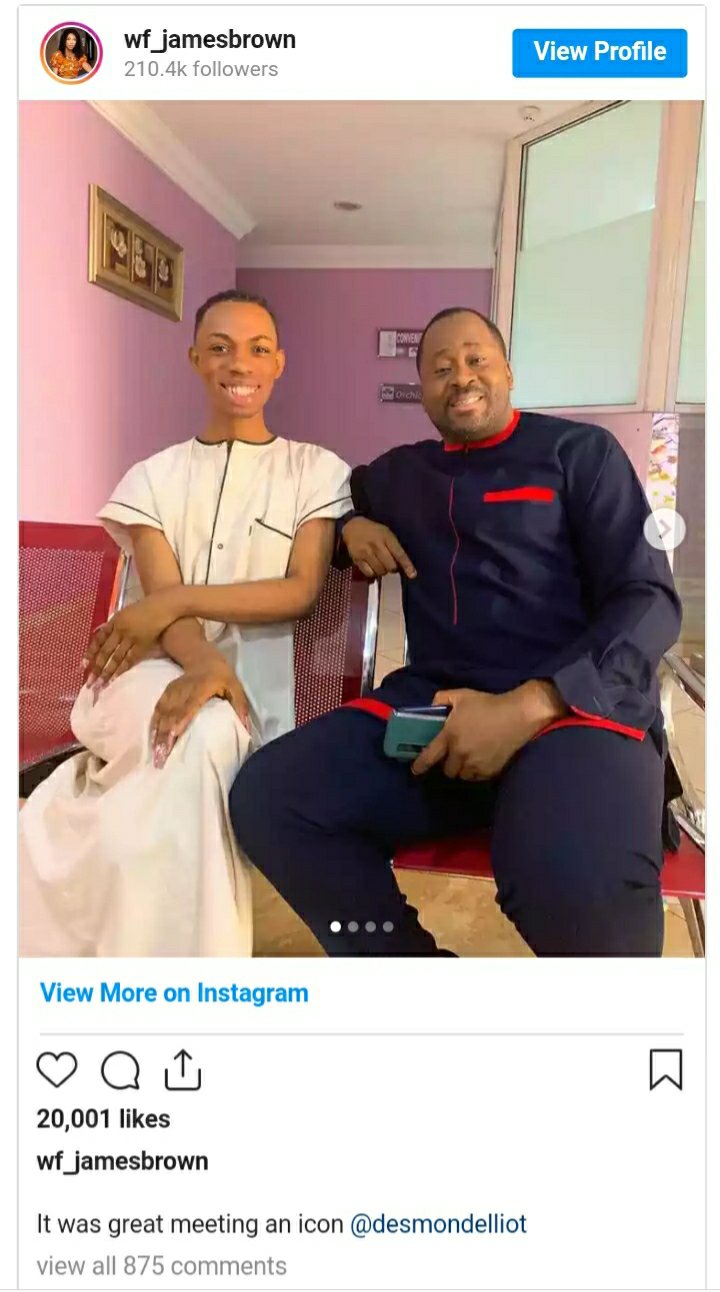 Crossdresser James Brown meets actor Desmond Elliot for the first time