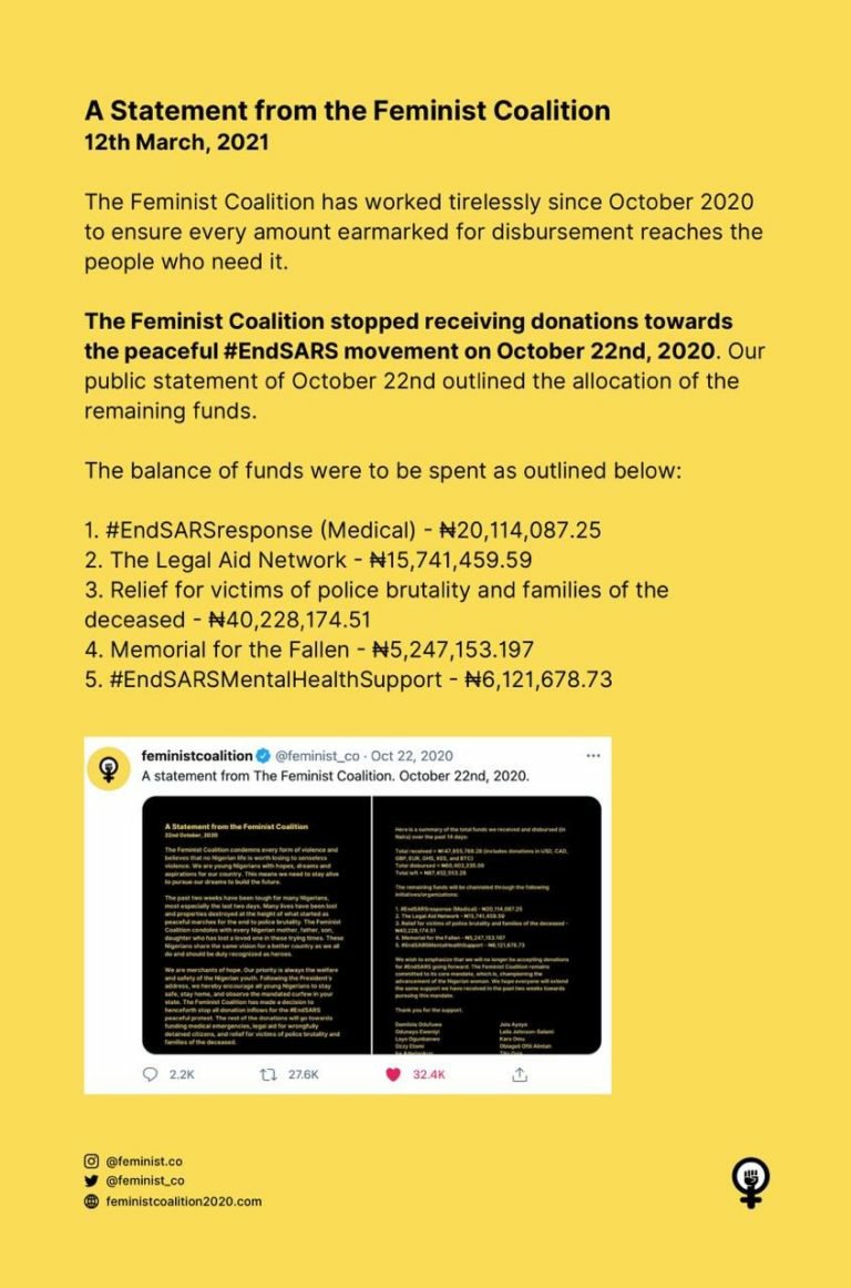 This is Feminist Coalition’s Response to the Alleged Withdrawal of ₦23m in Bitcoin Donated for #EndSARS Protest