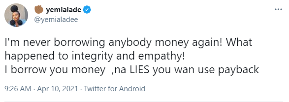 Yemi Alade vows never to lend anyone money again after someone she gave money refused to pay back