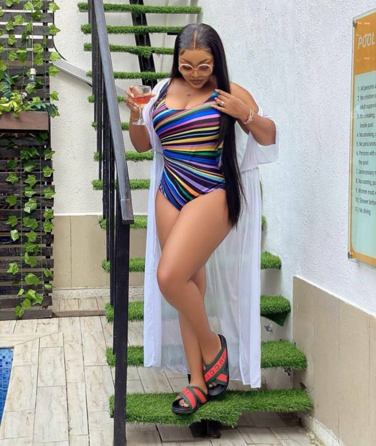 Mercy Aigbe Flaunts Her Curves In Multi Colored Swimwear