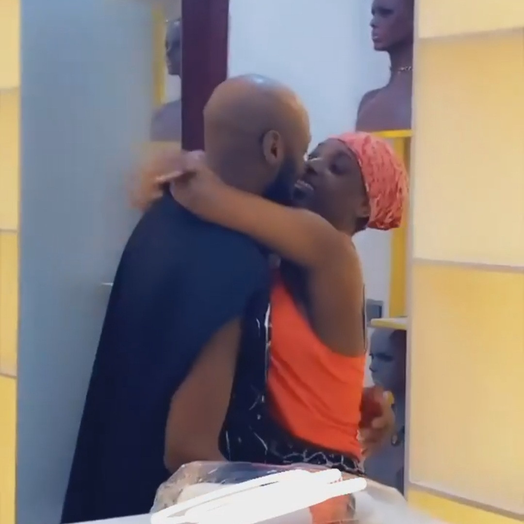 Annie Idibia Jumps On Tuface, Kisses Him As He Pays Her A Visit At Work (video)